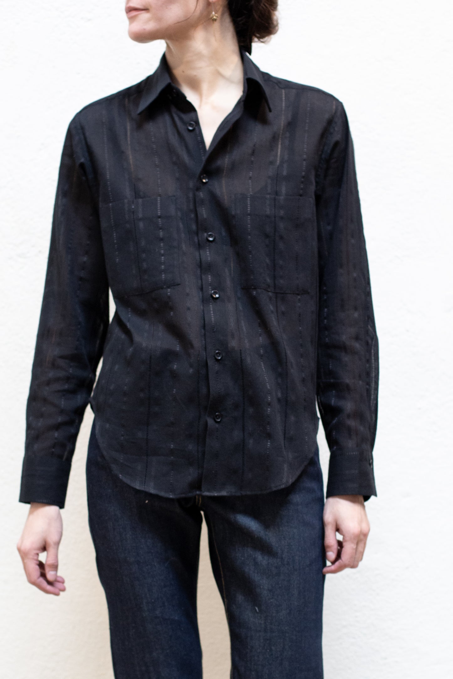Dress Shirt in Black Cotton Stripe Woven