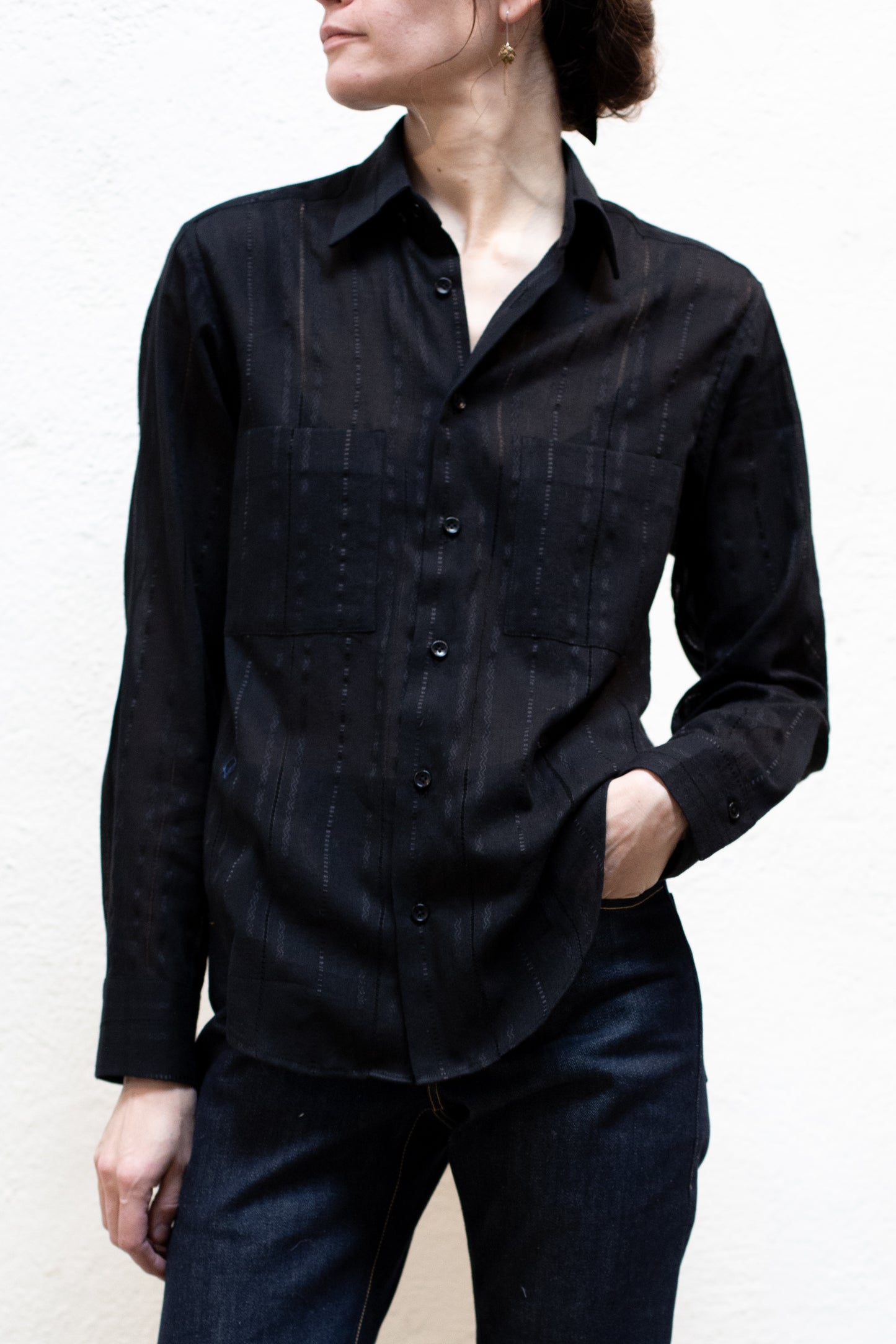 Dress Shirt in Black Cotton Stripe Woven