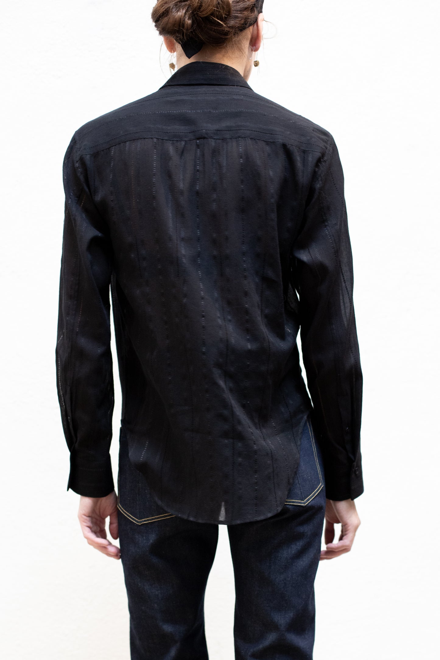 Dress Shirt in Black Cotton Stripe Woven