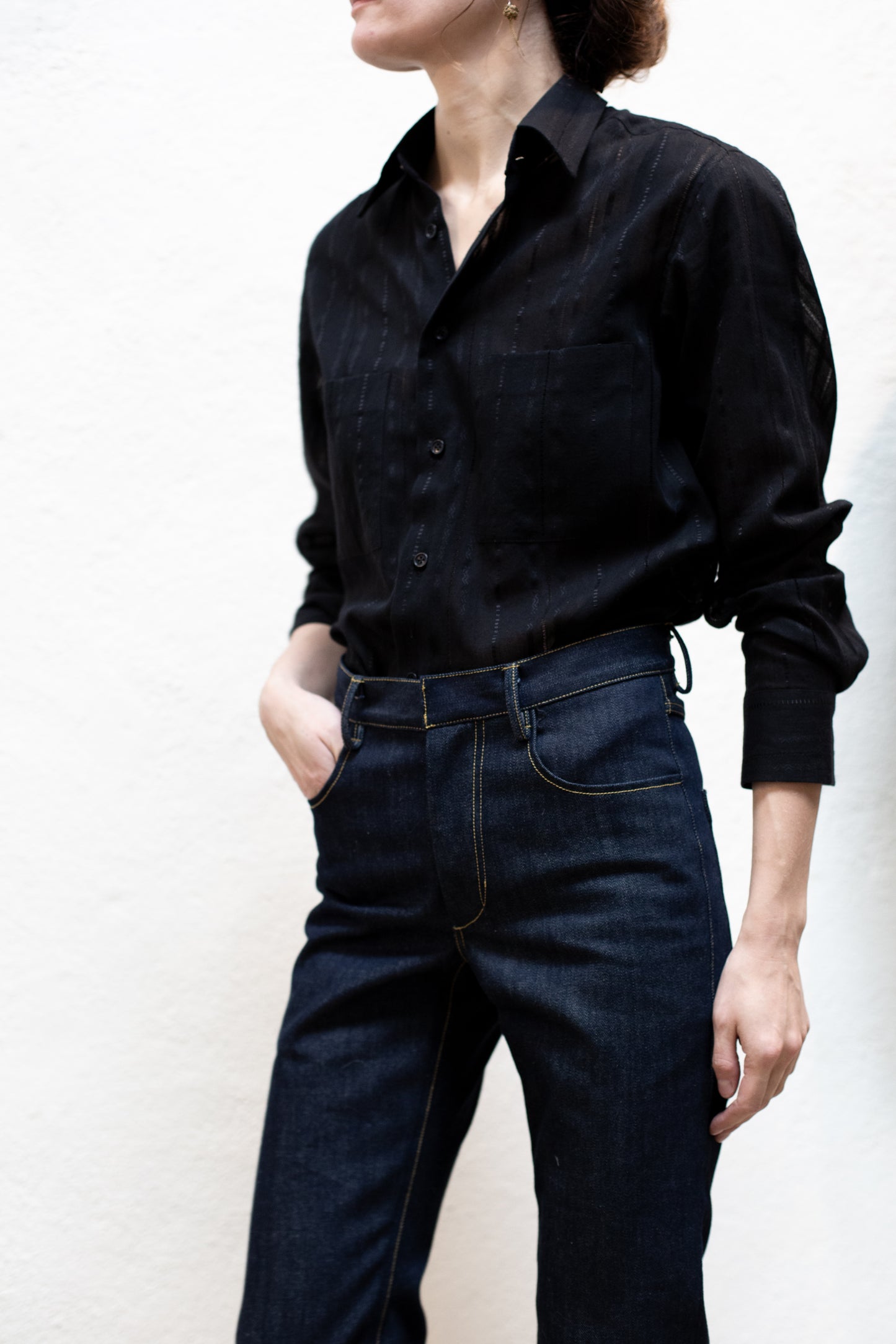Dress Shirt in Black Cotton Stripe Woven