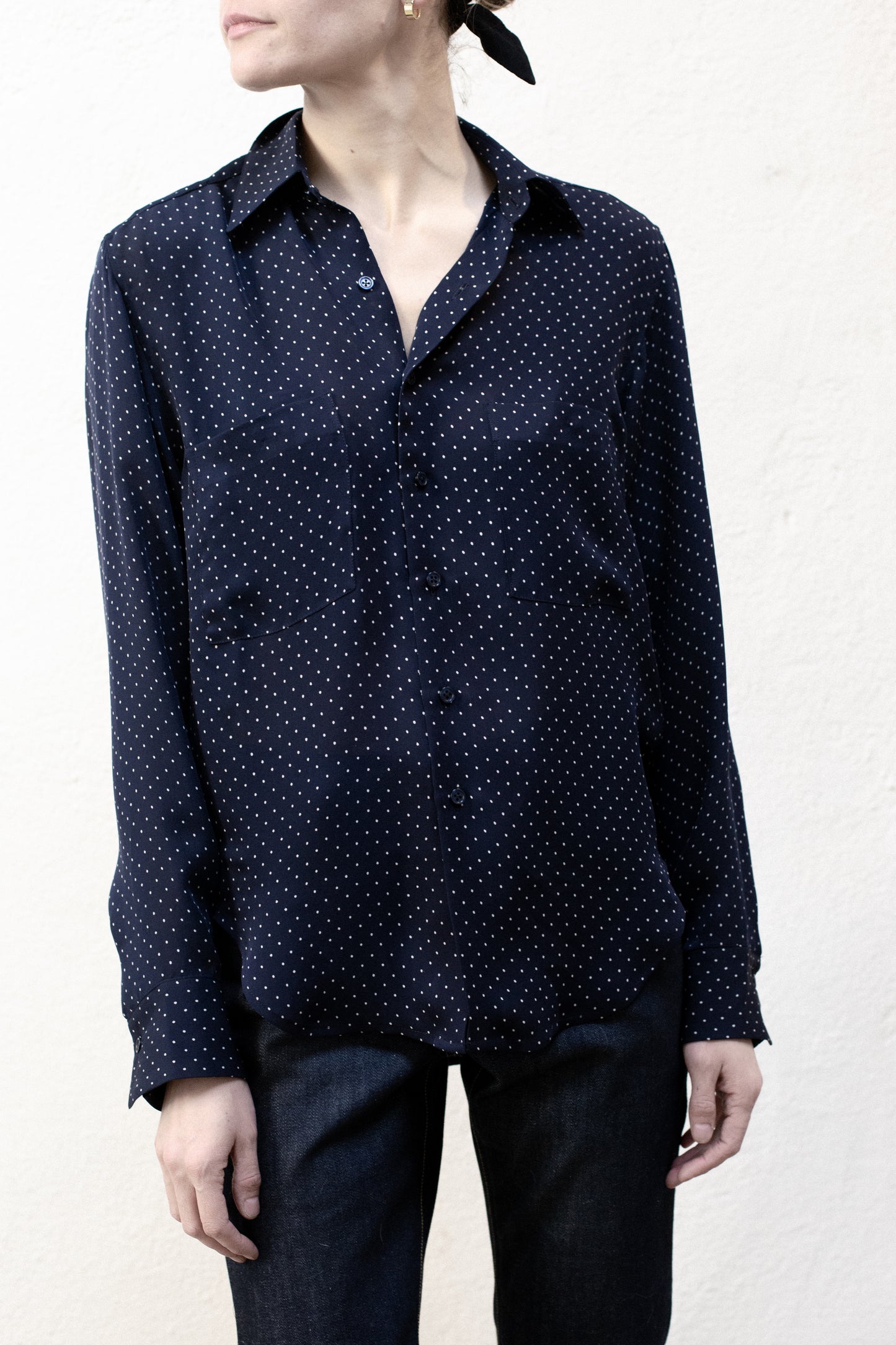 Dress Shirt in Navy Blue Poka Dot Rayon