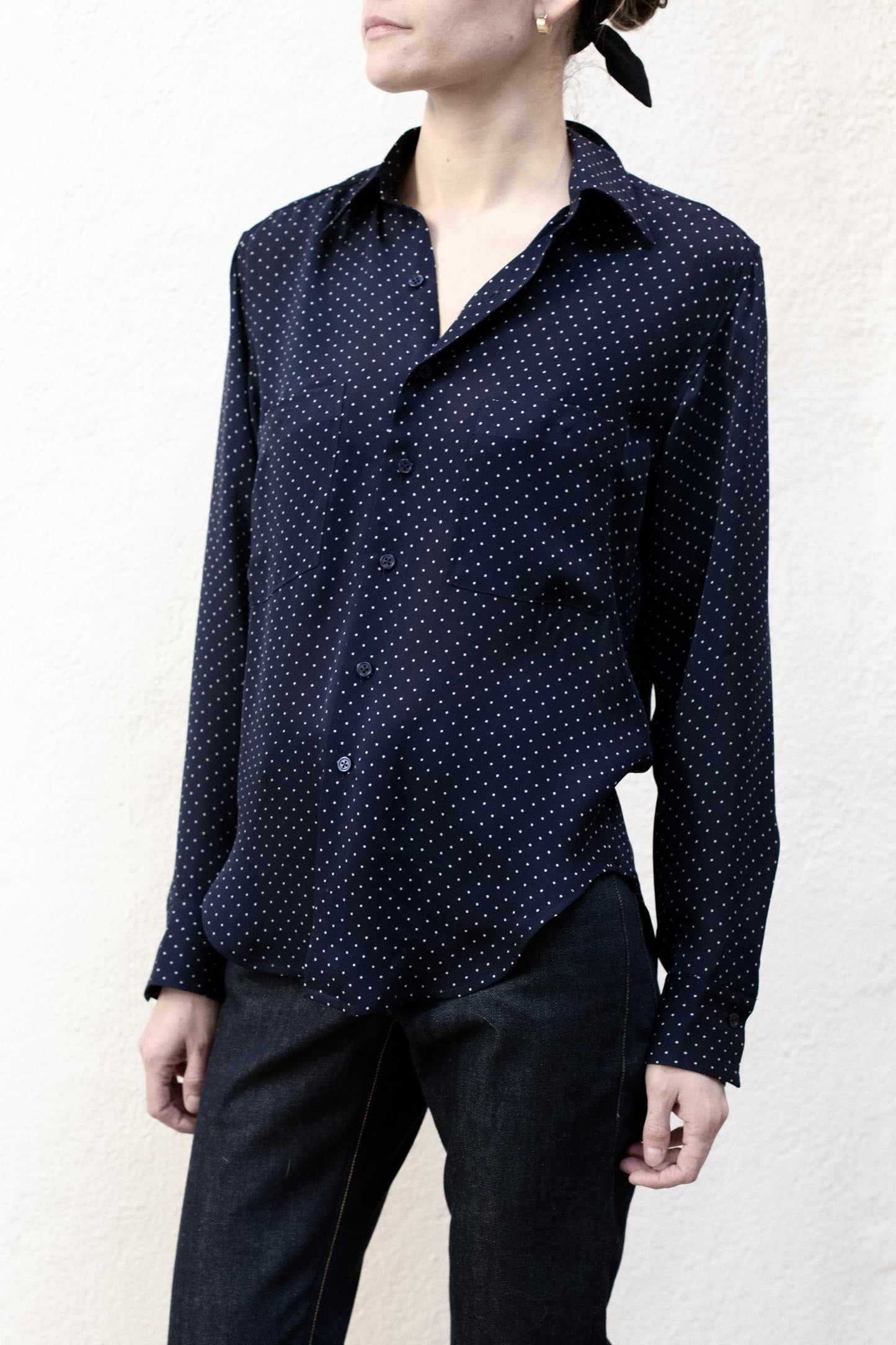 Dress Shirt in Navy Blue Poka Dot Rayon