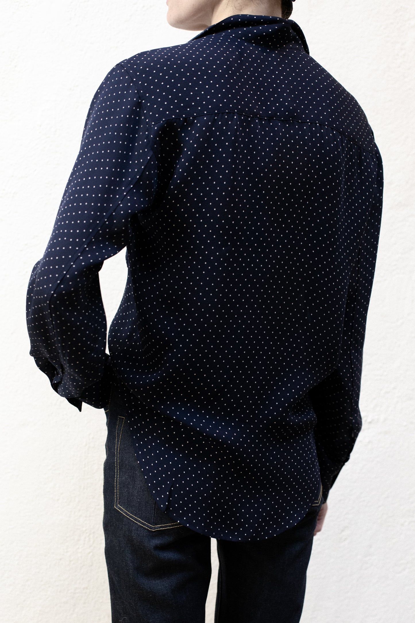 Dress Shirt in Navy Blue Poka Dot Rayon
