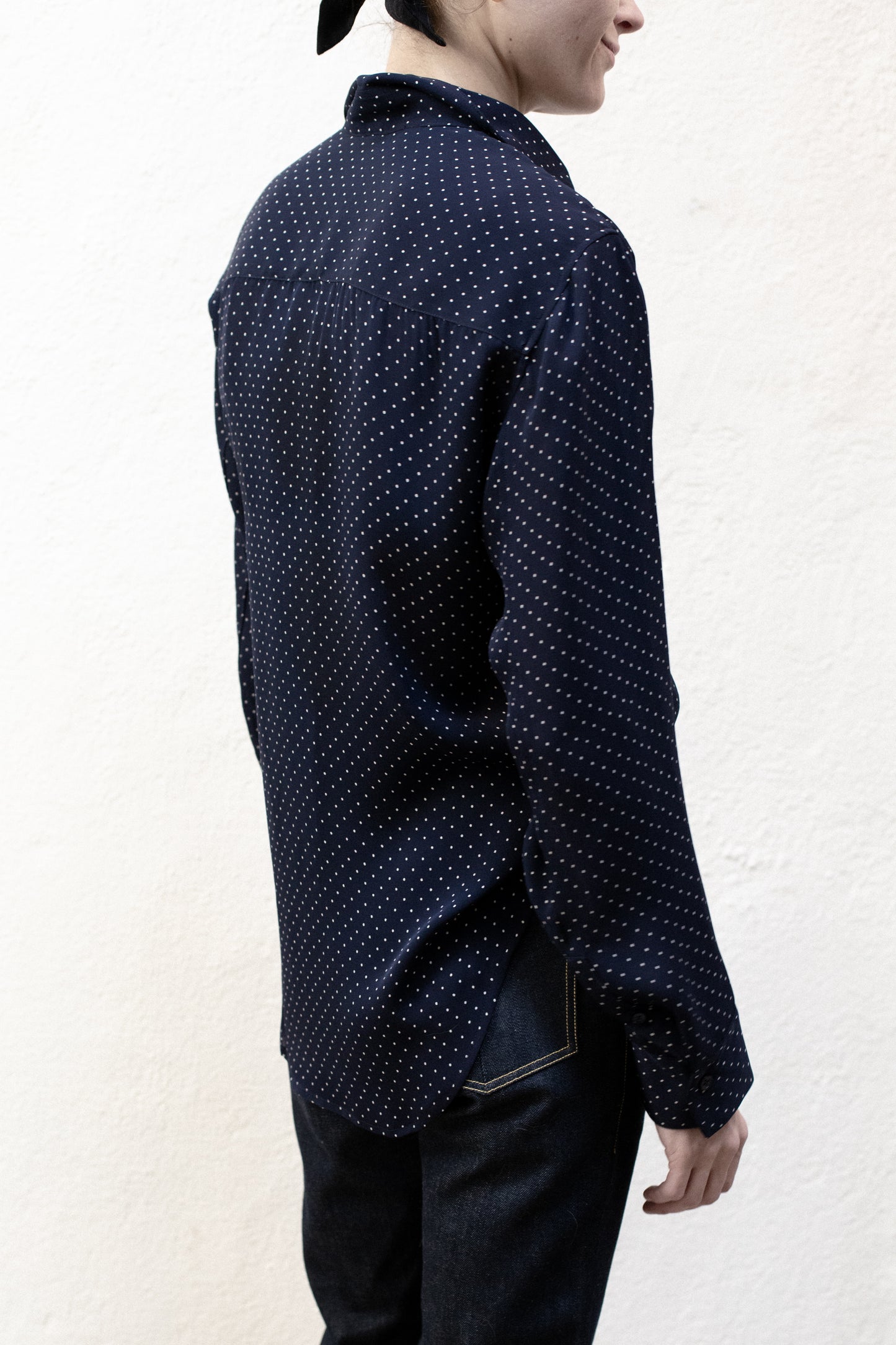 Dress Shirt in Navy Blue Poka Dot Rayon
