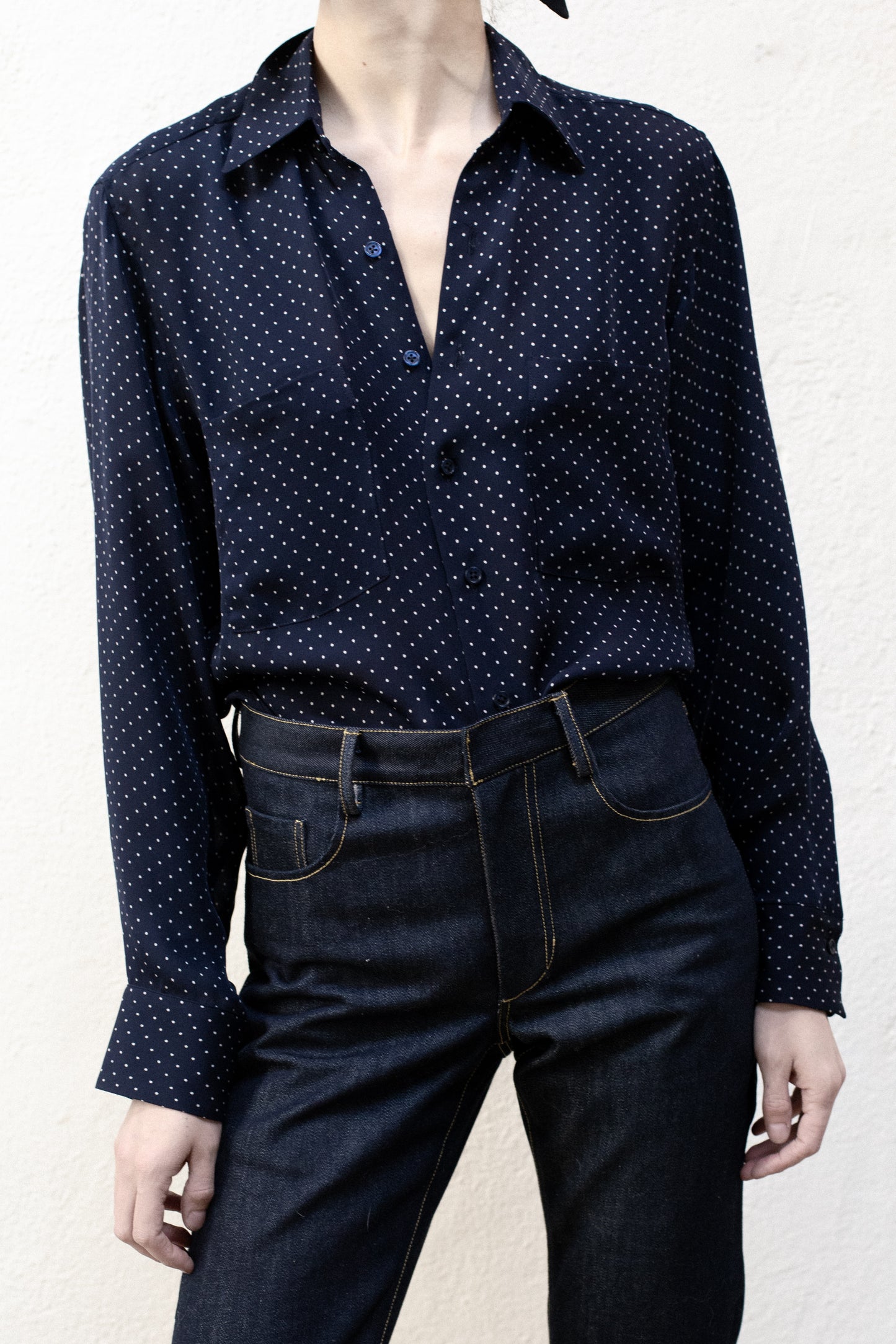 Dress Shirt in Navy Blue Poka Dot Rayon