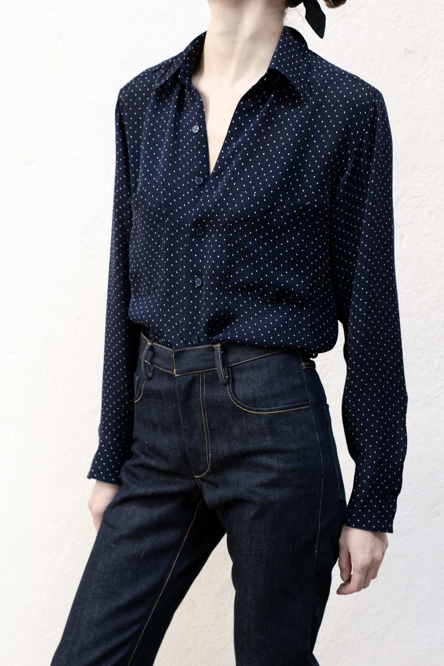 Dress Shirt in Navy Blue Poka Dot Rayon