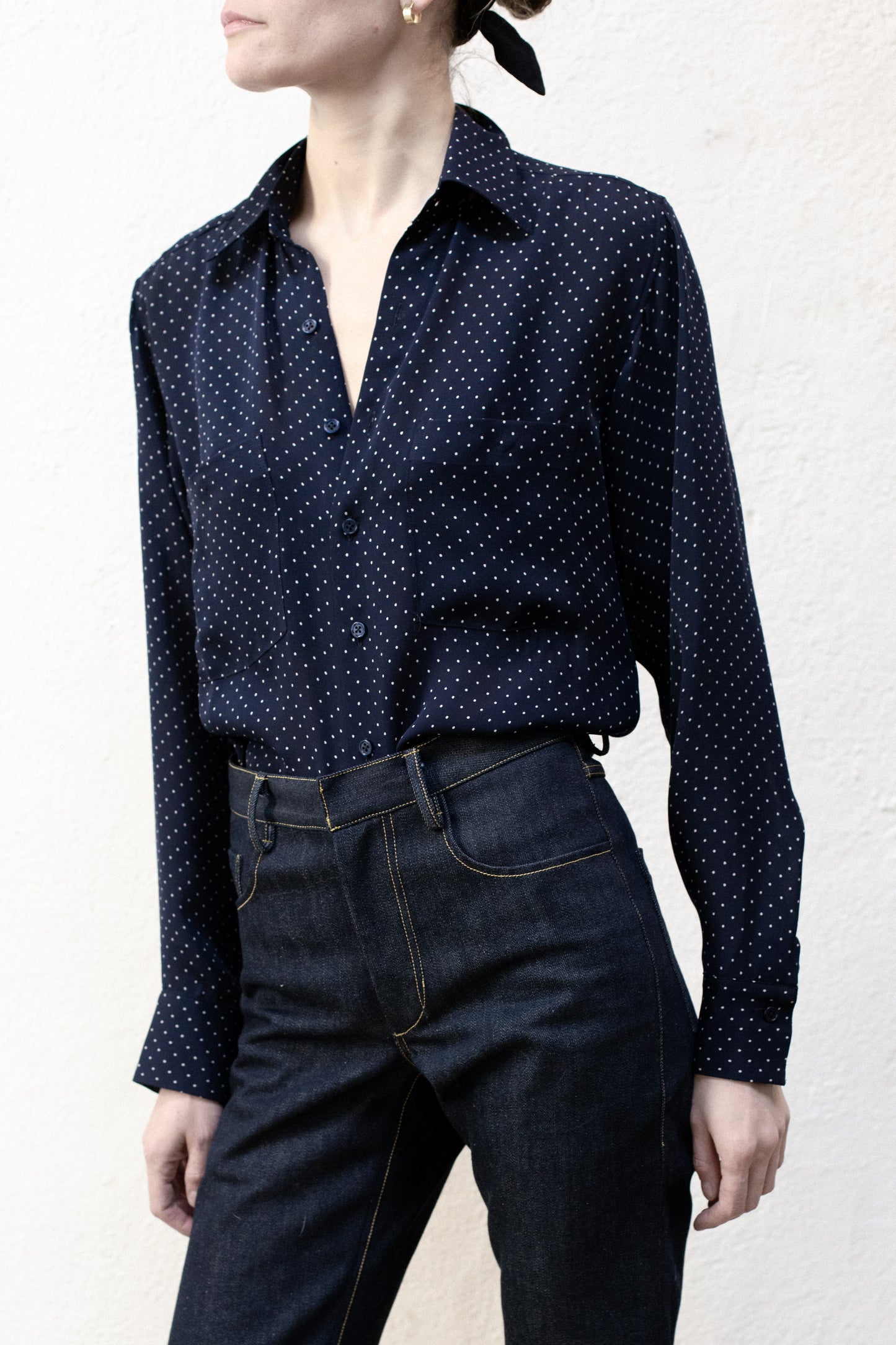 Dress Shirt in Navy Blue Poka Dot Rayon