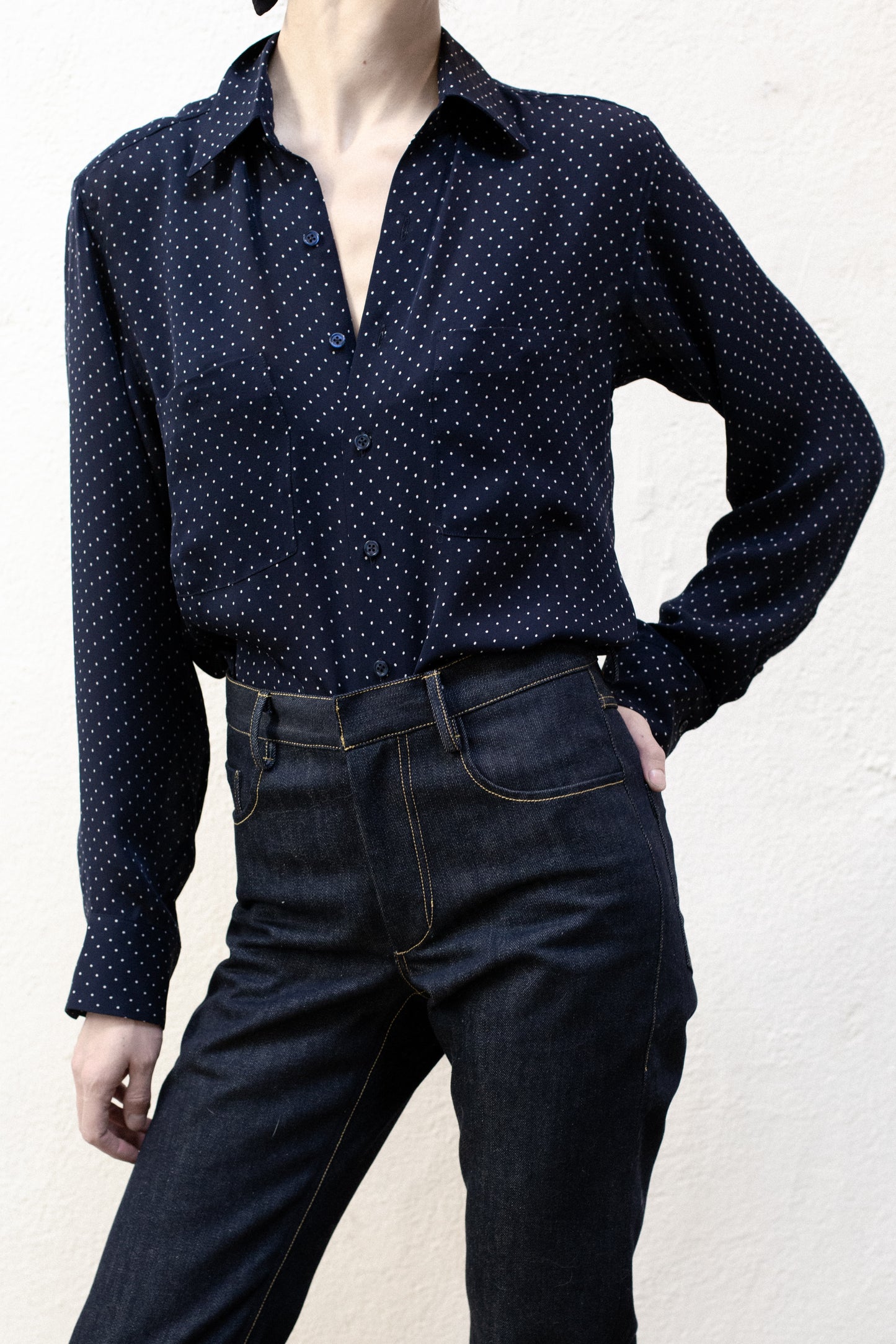 Dress Shirt in Navy Blue Poka Dot Rayon