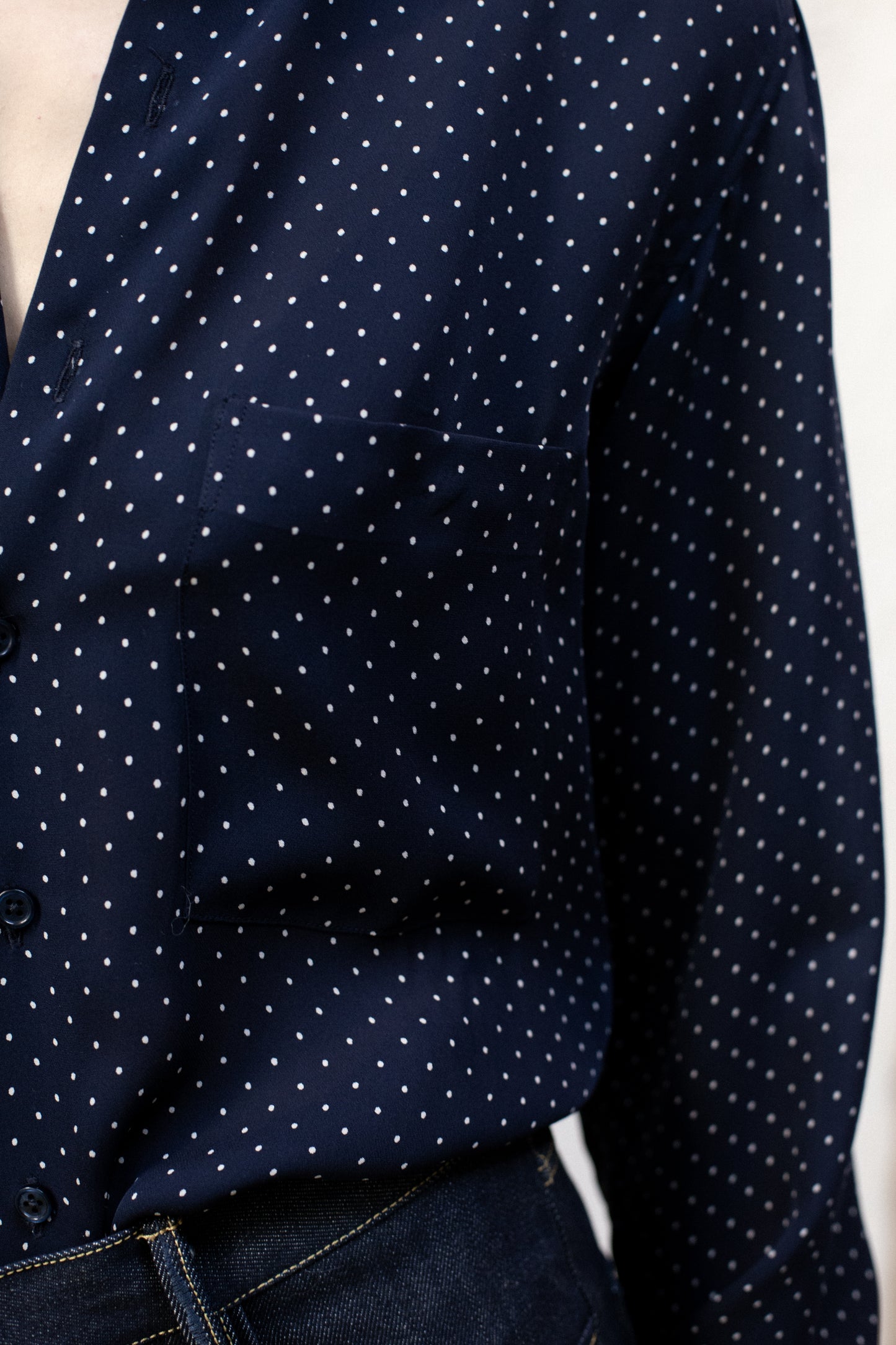 Dress Shirt in Navy Blue Poka Dot Rayon