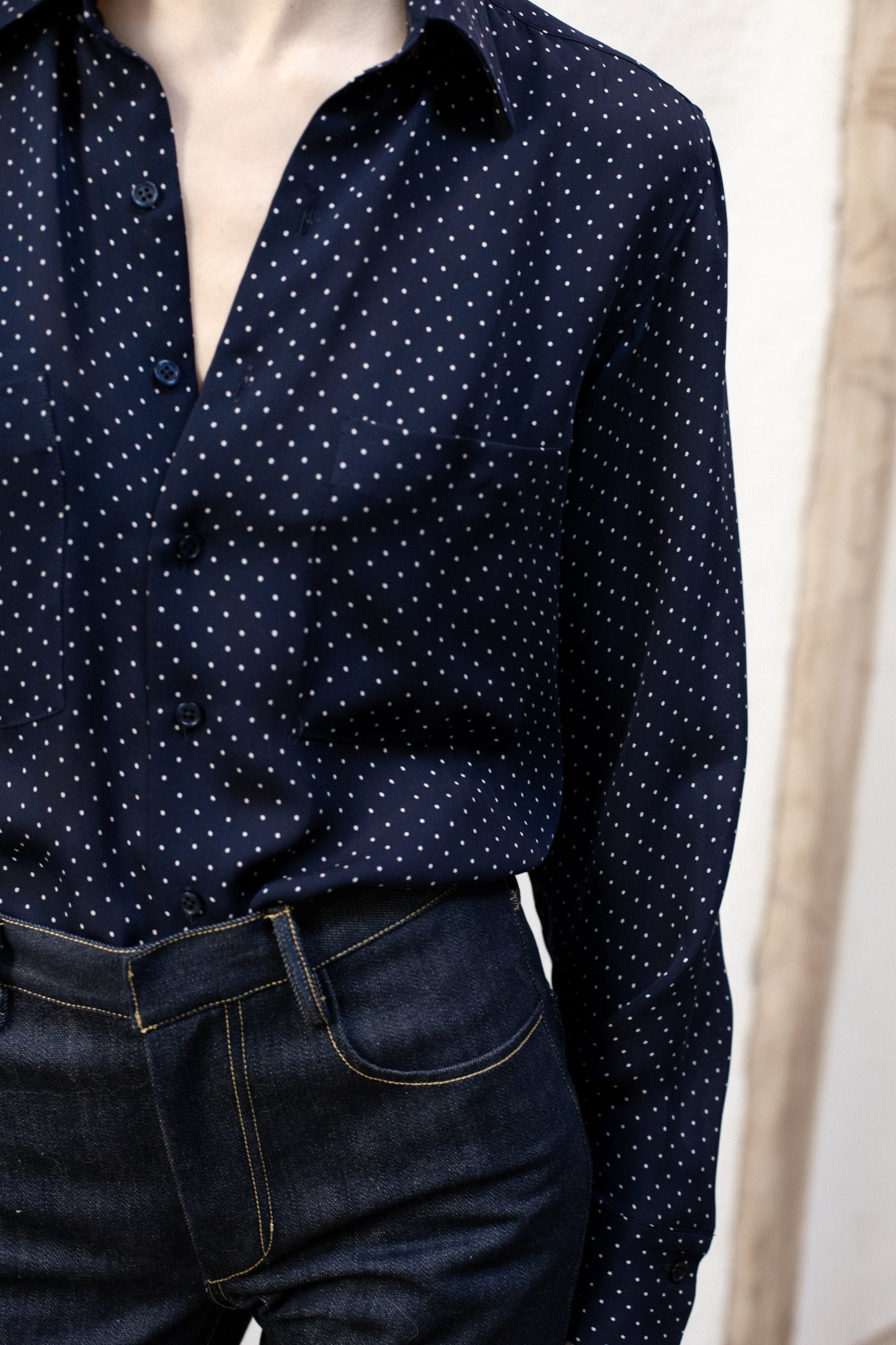 Dress Shirt in Navy Blue Poka Dot Rayon