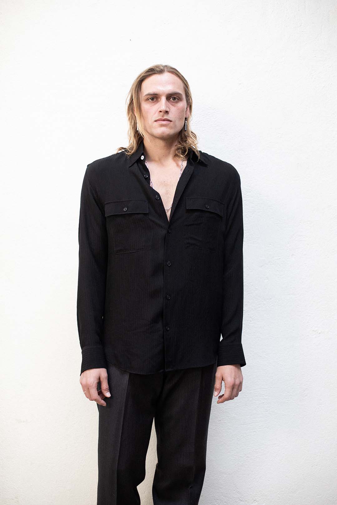 Dress Shirt in Black Stripe Rayon