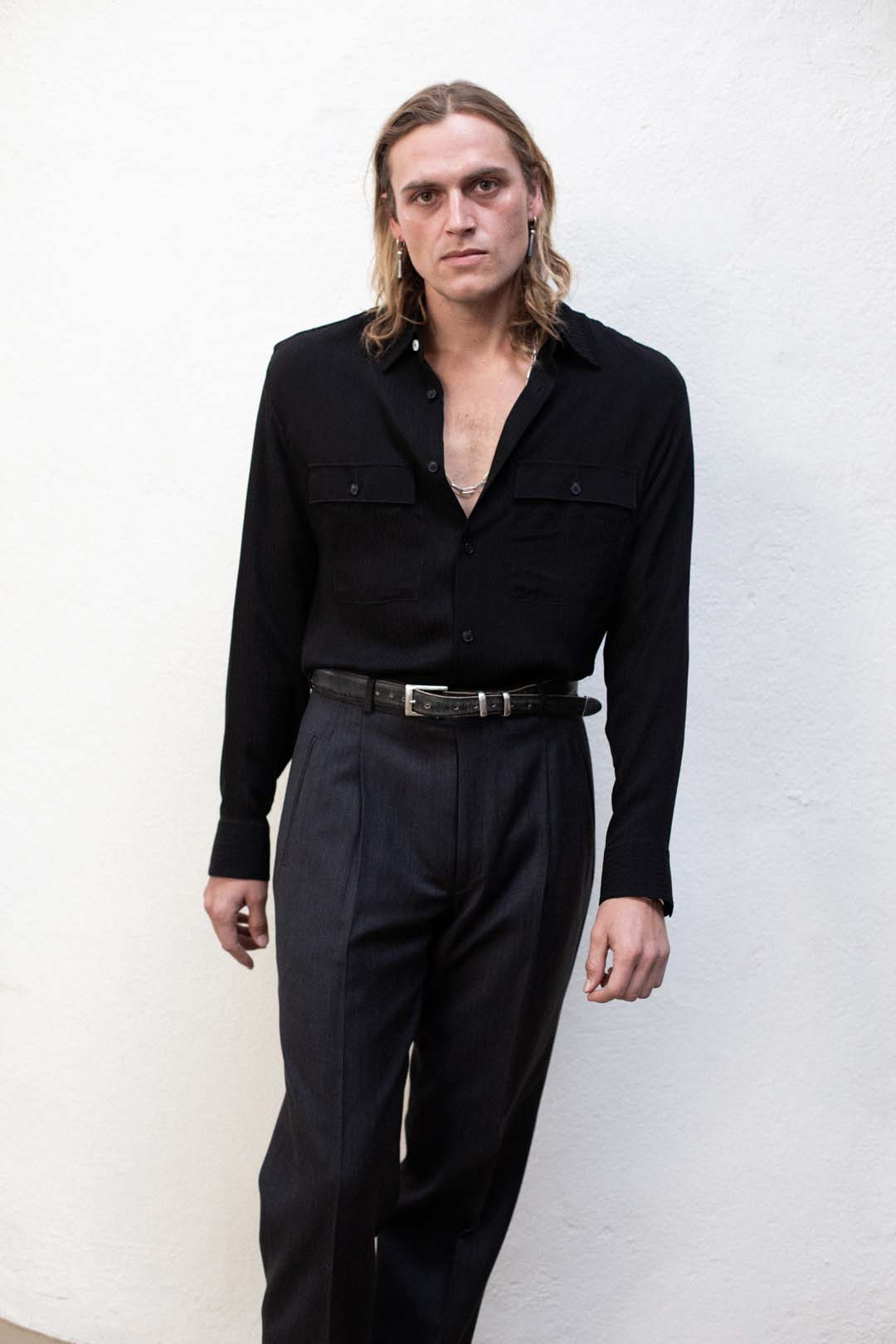 Dress Shirt in Black Stripe Rayon