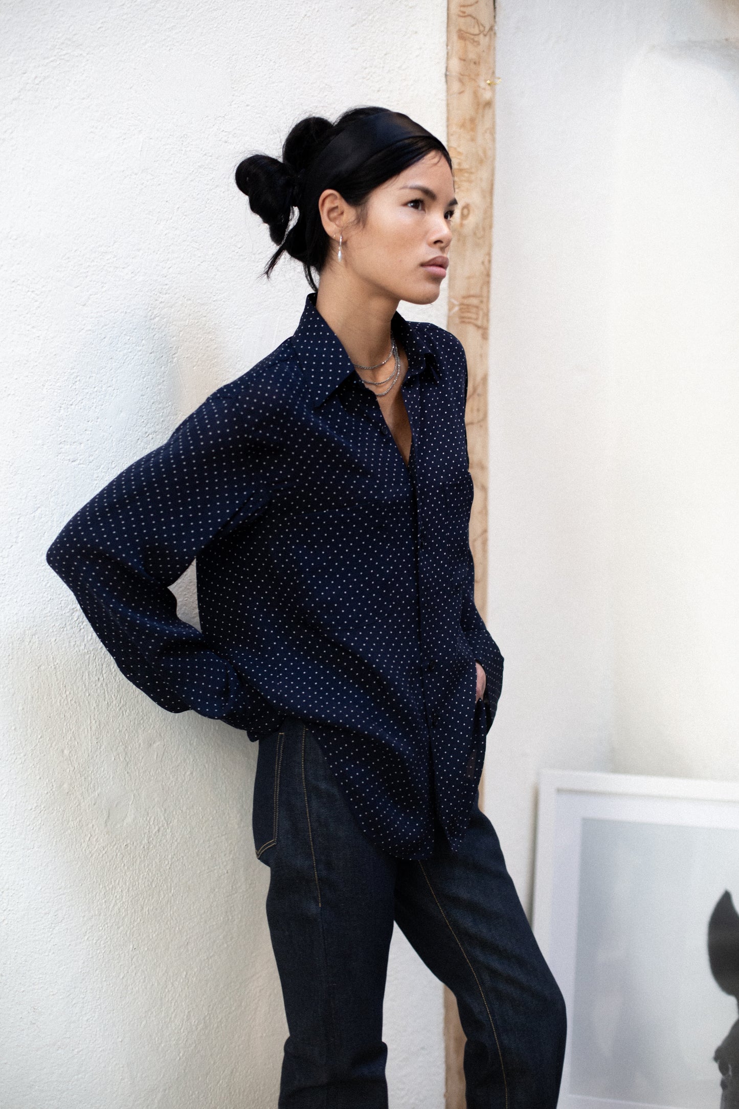 Dress Shirt in Navy Blue Poka Dot Rayon