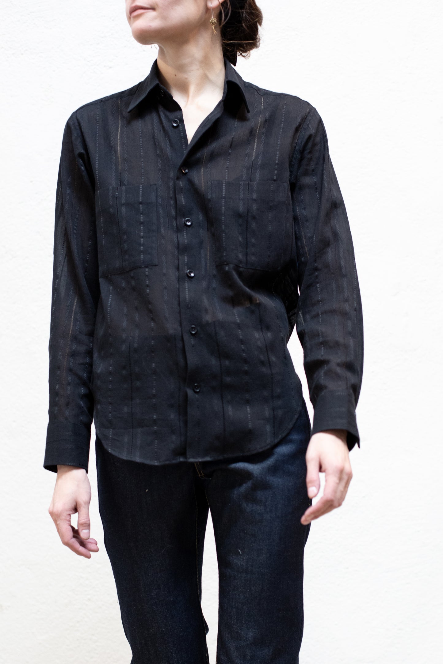 Dress Shirt in Black Cotton Stripe Woven