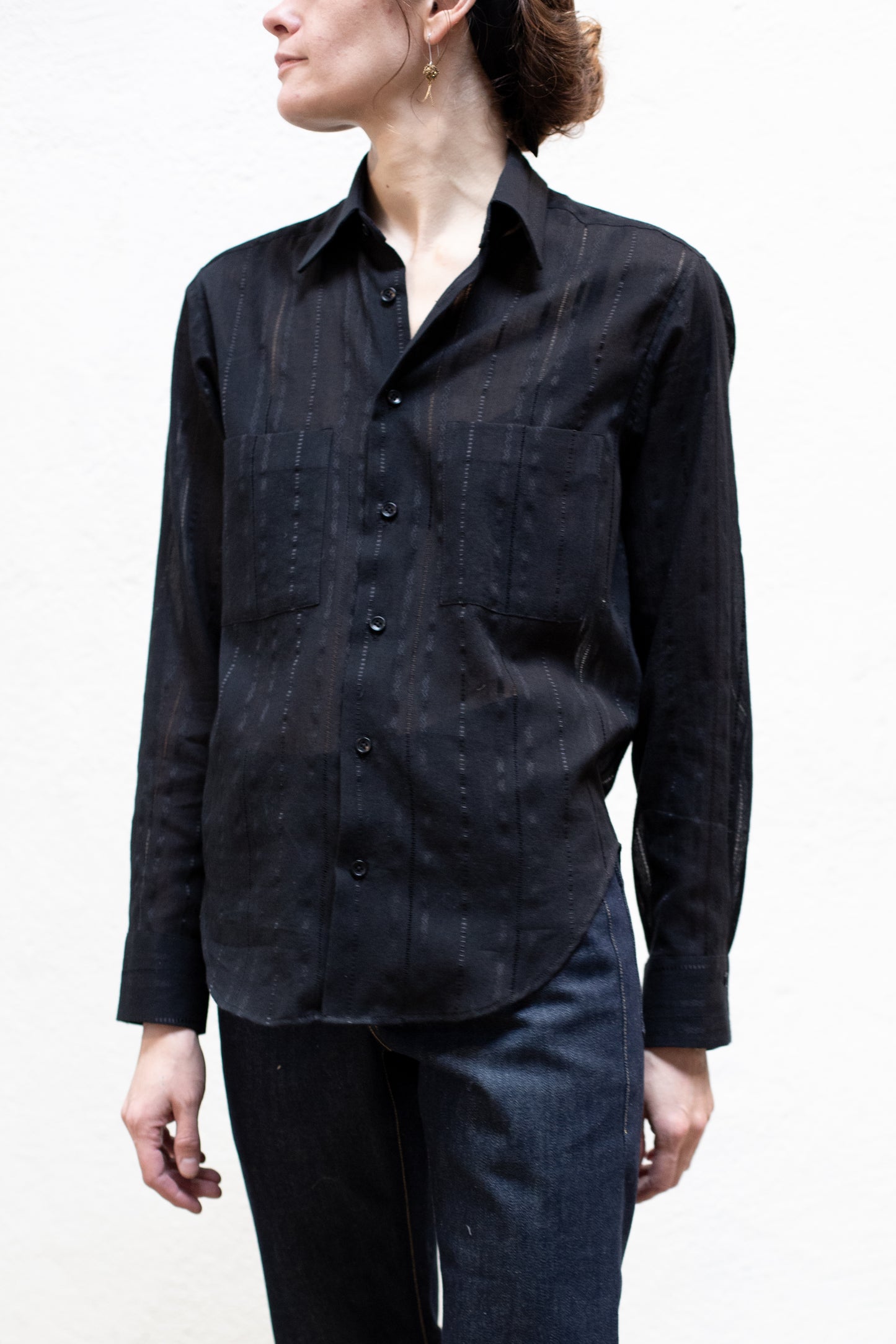 Dress Shirt in Black Cotton Stripe Woven