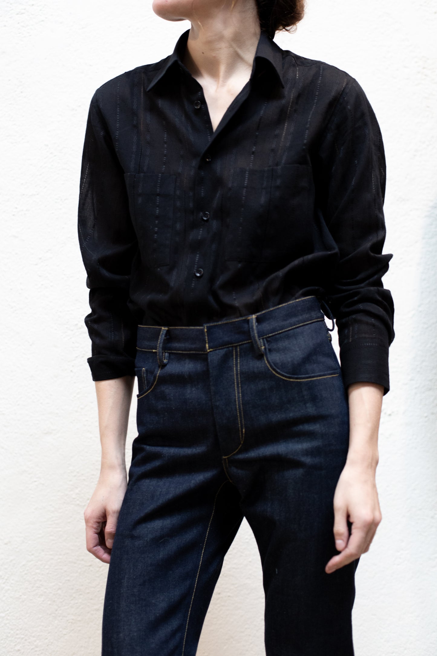 Dress Shirt in Black Cotton Stripe Woven