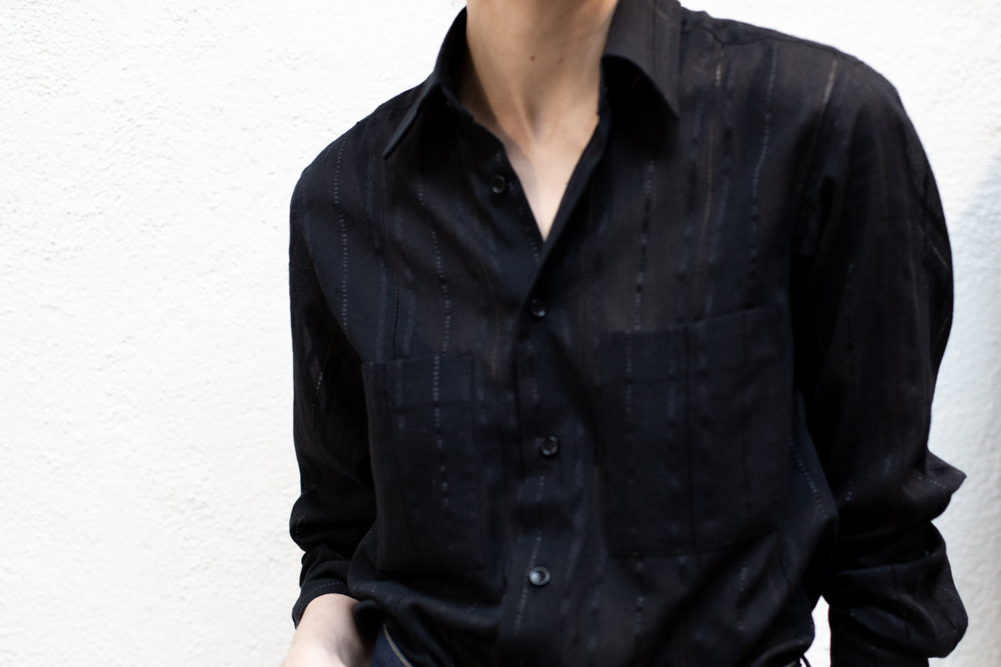Dress Shirt in Black Cotton Stripe Woven