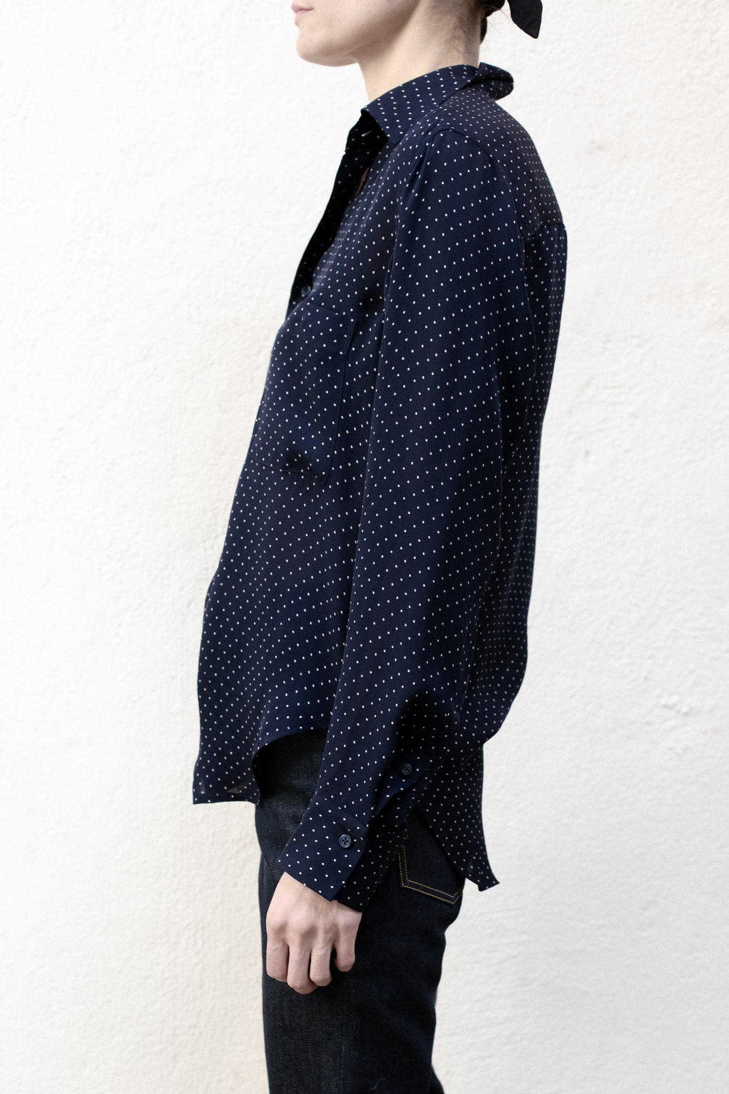 Dress Shirt in Navy Blue Poka Dot Rayon