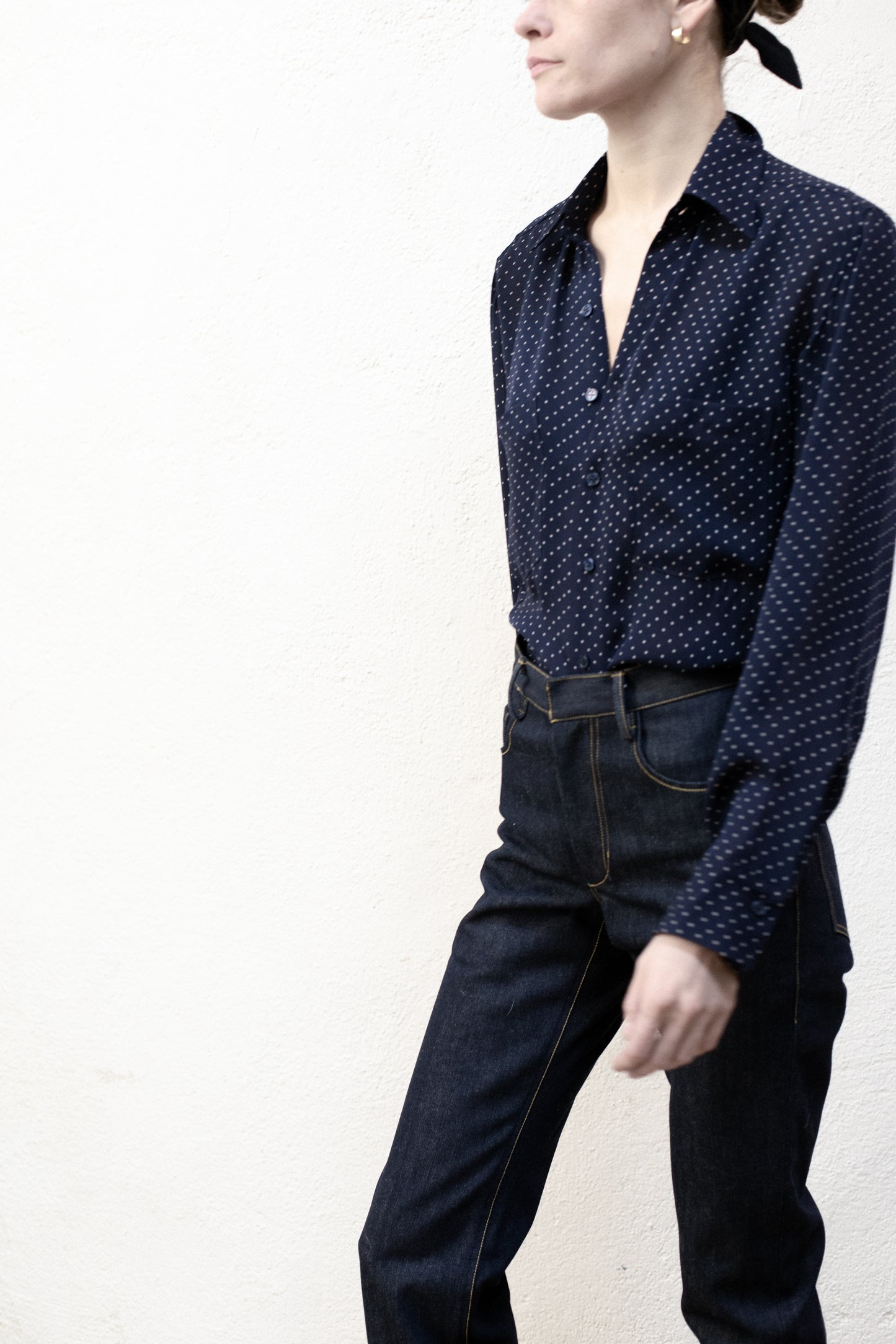 Dress Shirt in Navy Blue Poka Dot Rayon