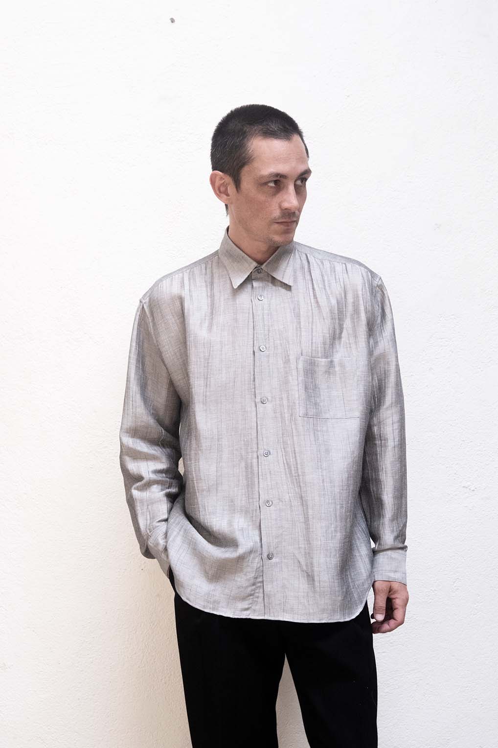 Dress Shirt in SIlver Silk/ Linen