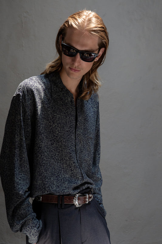 Dress Shirt in Dark Blue Print Tencel